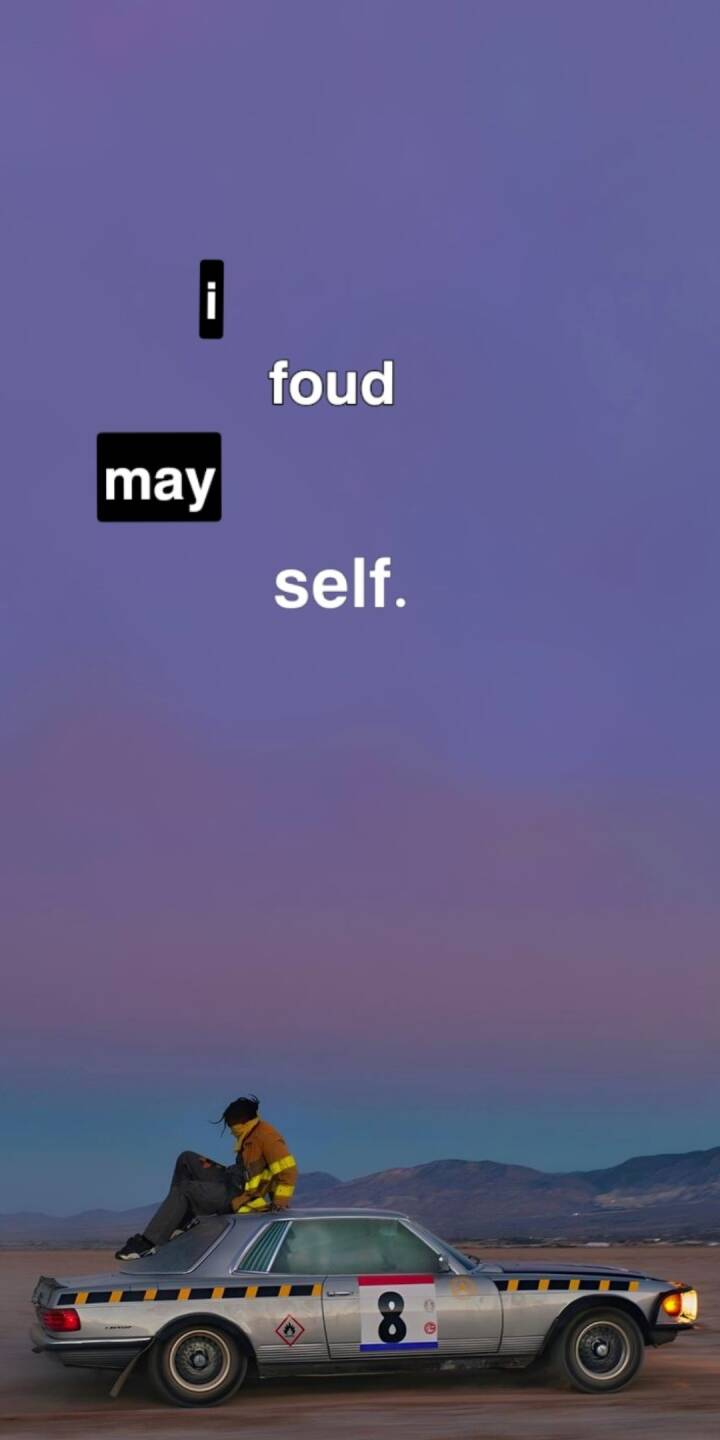 The introspective "i found my self" text hovers above a lone figure, reminiscent of Travis Scott, sitting atop a silver vintage car against a breathtaking purple and orange dusk sky in this profound 4K wallpaper; a perfect aesthetic wallpaper for iPhone screens. | art The introspective "i found my self" text hovers above a lone figure, reminiscent of Travis Scott, sitting atop a silver vintage car against a breathtaking purple and orange dusk sky in this profound 4K wallpaper; a perfect aesthetic wallpaper for iPhone screens.