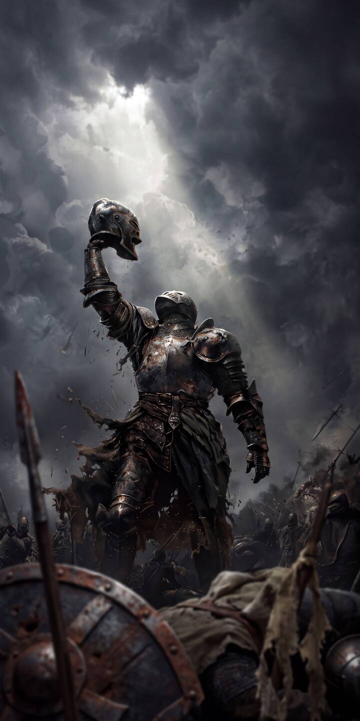 The battle-worn knight, adorned in dark, ancient armor, triumphantly hoists a skull towards the light breaking through stormy 4K clouds, creating a dramatic fantasy scene in this stunning wallpaper. This epic wallpaper, featuring fallen warriors on a grim battlefield, is an essential download for your iPhone to showcase a moment of dark victory. | warrior knight medieval iphone fantasy wallpaper mobile 4k wallpaper hd wallpaper epic battle dark art The battle-worn knight, adorned in dark, ancient armor, triumphantly hoists a skull towards the light breaking through stormy 4K clouds, creating a dramatic fantasy scene in this stunning wallpaper. This epic wallpaper, featuring fallen warriors on a grim battlefield, is an essential download for your iPhone to showcase a moment of dark victory.