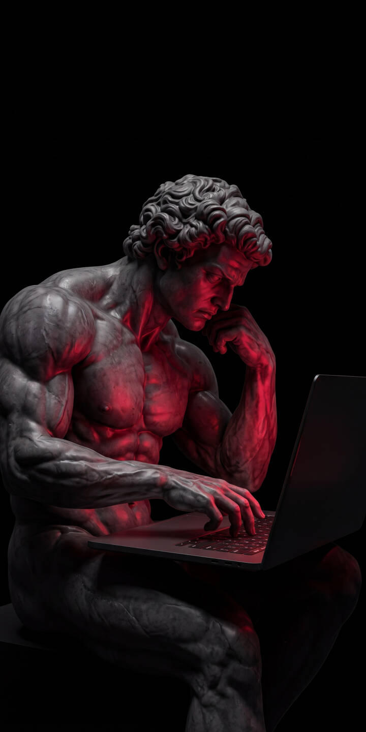 Crimson light illuminates the sculpted physique of a pensive David statue as he intently types on a modern laptop in this compelling 4K wallpaper. This unique blend of classic art and technology makes an exceptional wallpaper for iPhone screens. | aesthetic laptop iphone renaissance wallpaper mobile 4k wallpaper hd wallpaper red glow david statue modern art marble statue Crimson light illuminates the sculpted physique of a pensive David statue as he intently types on a modern laptop in this compelling 4K wallpaper. This unique blend of classic art and technology makes an exceptional wallpaper for iPhone screens.