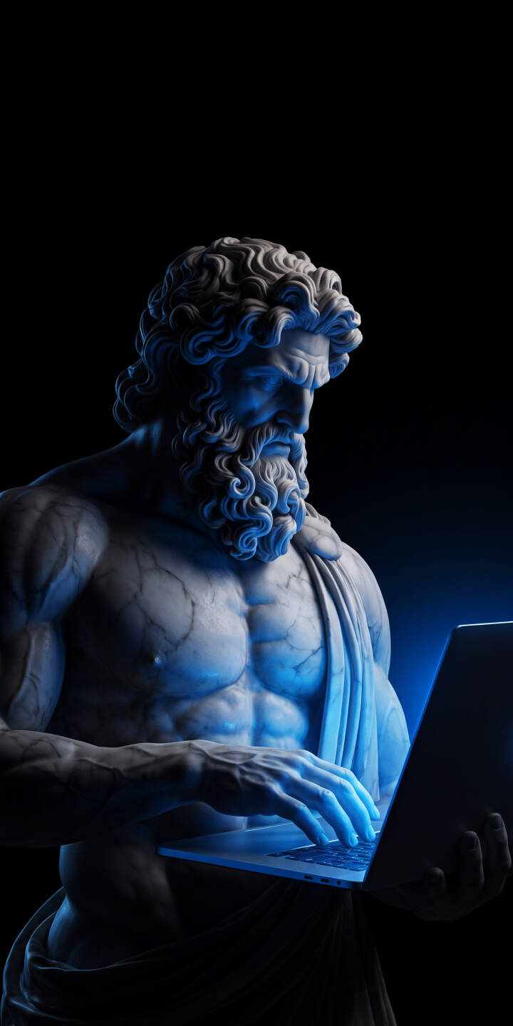 With an intense expression, a classically sculpted Zeus operates a glowing laptop, his chiseled marble features highlighted by electric blue light in this captivating 4K wallpaper. This distinct wallpaper is an excellent choice for iPhone users seeking a blend of mythology and modern design. | aesthetic laptop statue iphone wallpaper blue light mobile zeus digital art 4k wallpaper hd wallpaper greek god With an intense expression, a classically sculpted Zeus operates a glowing laptop, his chiseled marble features highlighted by electric blue light in this captivating 4K wallpaper. This distinct wallpaper is an excellent choice for iPhone users seeking a blend of mythology and modern design.