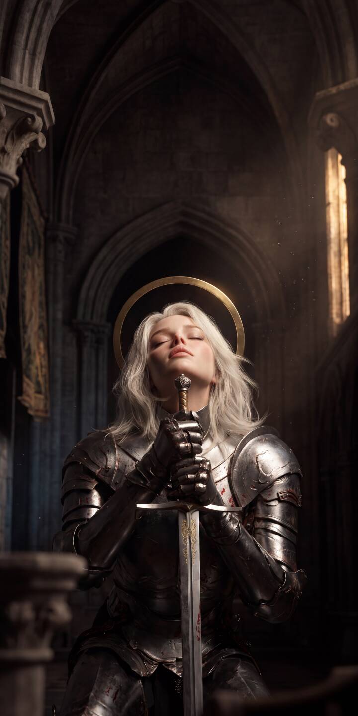 A radiant golden halo glows above the female knight's head as she closes her eyes in solemn prayer, clasping her sword in this ethereal 4K wallpaper—a truly divine wallpaper for iPhone users who appreciate high fantasy themes. | sword gothic knight iphone fantasy wallpaper mobile 4k wallpaper hd wallpaper divine paladin female knight A radiant golden halo glows above the female knight's head as she closes her eyes in solemn prayer, clasping her sword in this ethereal 4K wallpaper—a truly divine wallpaper for iPhone users who appreciate high fantasy themes.