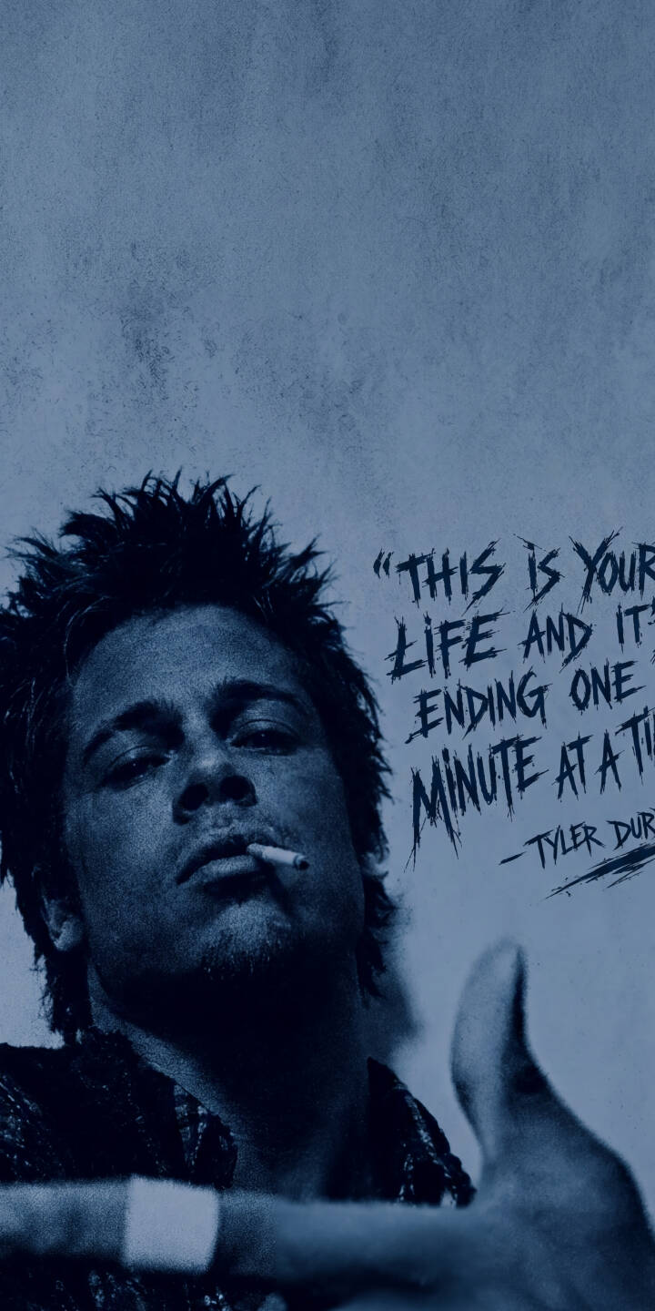 Tyler Durden, cigarette casually lit, offers a rebellious 'thumbs up' beneath an iconic quote in this dark and gritty 4K wallpaper. The desaturated blue tones create a unique aesthetic, making it an essential wallpaper for iPhone fans of the cult classic. | movie dark quote fight club tyler durden brad pitt Tyler Durden, cigarette casually lit, offers a rebellious 'thumbs up' beneath an iconic quote in this dark and gritty 4K wallpaper. The desaturated blue tones create a unique aesthetic, making it an essential wallpaper for iPhone fans of the cult classic.
