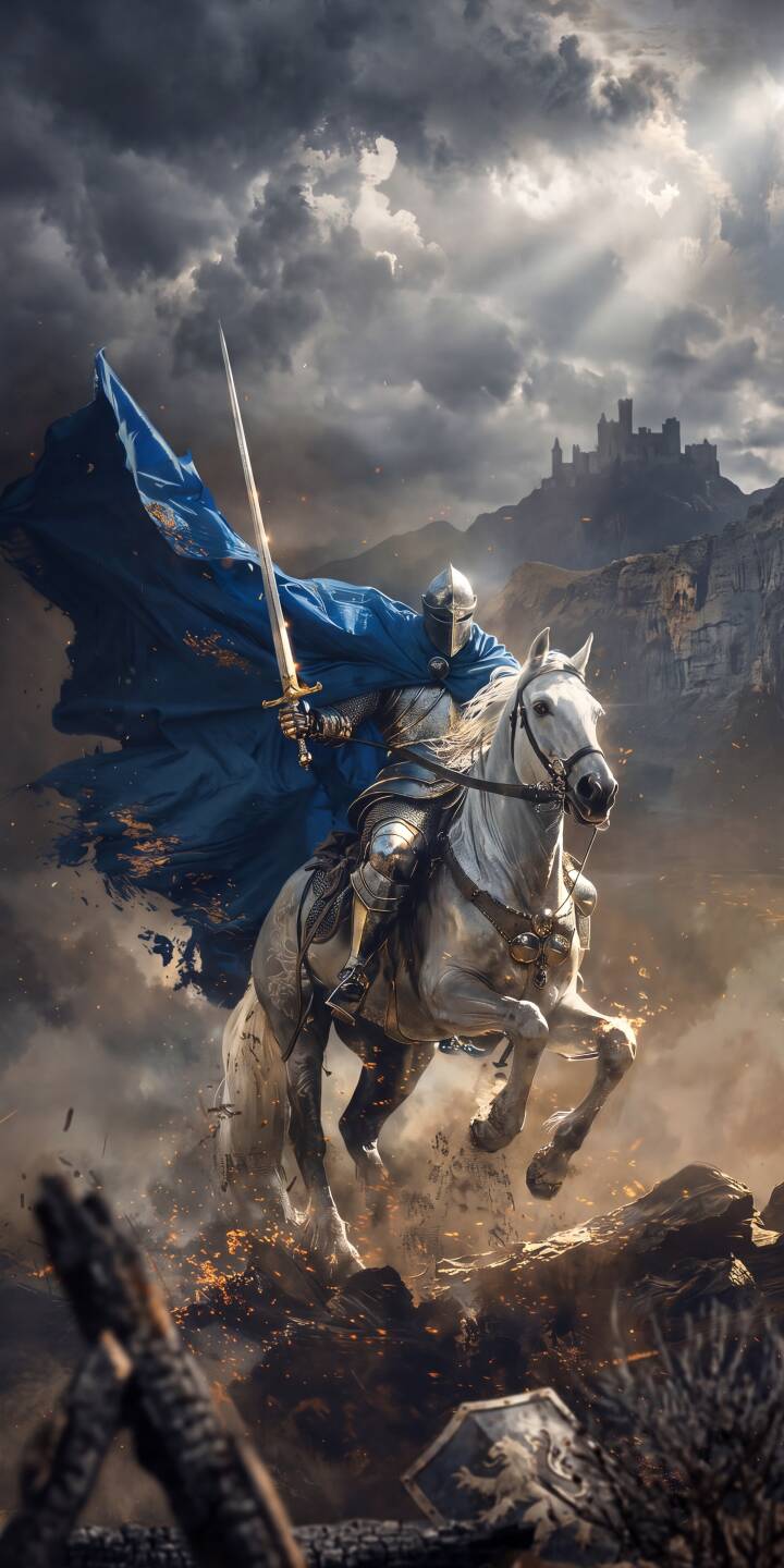 The vibrant blue cape of an armored knight billows dramatically as he gallops fiercely on a white horse, holding his sword high under a stormy sky, in this breathtaking 4K wallpaper perfect for an iPhone background. This epic fantasy scene makes a powerful mobile wallpaper. | armor horse knight medieval iphone fantasy wallpaper mobile 4k wallpaper hd wallpaper epic blue cape The vibrant blue cape of an armored knight billows dramatically as he gallops fiercely on a white horse, holding his sword high under a stormy sky, in this breathtaking 4K wallpaper perfect for an iPhone background. This epic fantasy scene makes a powerful mobile wallpaper.
