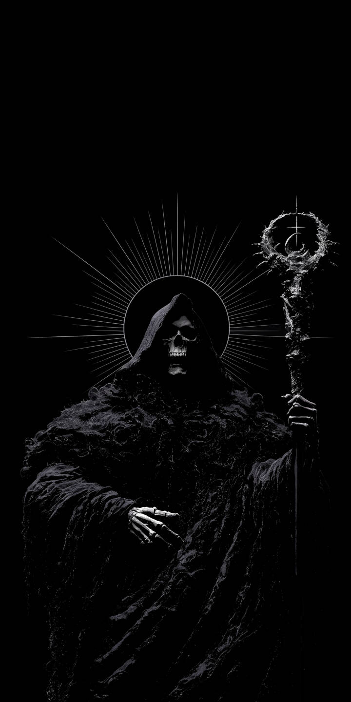 A haunting skeletal face emerges from a deep black hood, backlit by an ominous halo of light in this striking 4K Grim Reaper wallpaper. This essential wallpaper for iPhone showcases intricate textures of a tattered cloak and a gnarled staff. | dark skeleton death gothic iphone wallpaper horror mobile mystical 4k wallpaper hd wallpaper grim reaper A haunting skeletal face emerges from a deep black hood, backlit by an ominous halo of light in this striking 4K Grim Reaper wallpaper. This essential wallpaper for iPhone showcases intricate textures of a tattered cloak and a gnarled staff.