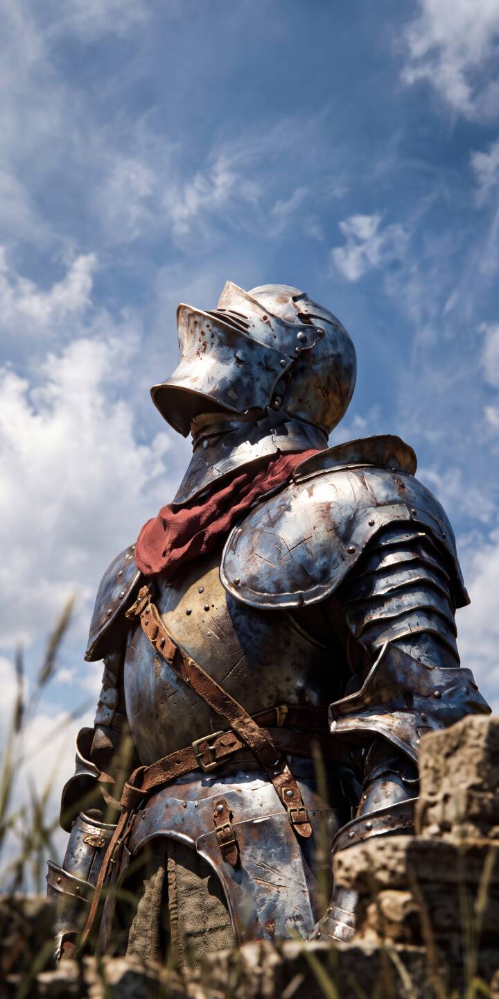 Gritty, battle-worn steel armor with rustic leather straps and a vibrant red scarf stands proudly against a brilliant blue sky, making a compelling 4K wallpaper. This stunning medieval wallpaper for iPhone showcases intricate details perfect for fans of history and fantasy. | armor knight medieval iphone metal fantasy wallpaper mobile 4k wallpaper hd wallpaper historical rusty Gritty, battle-worn steel armor with rustic leather straps and a vibrant red scarf stands proudly against a brilliant blue sky, making a compelling 4K wallpaper. This stunning medieval wallpaper for iPhone showcases intricate details perfect for fans of history and fantasy.