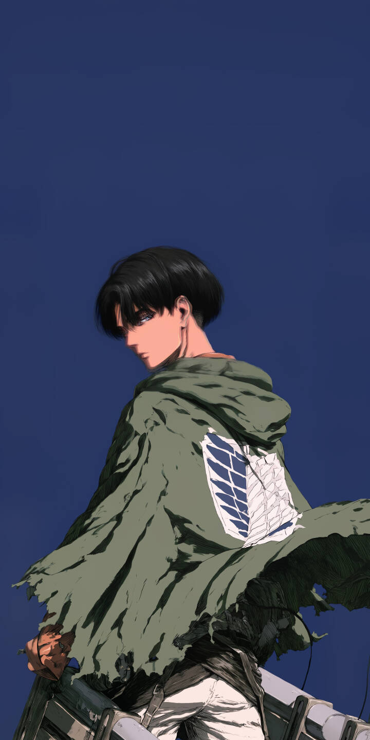 Levi Ackerman's iconic Wings of Freedom emblem stands out on his tattered green cape, captured against a stark dark blue sky in this dramatic 4K wallpaper for iPhone. This intense anime wallpaper portrays humanity's strongest soldier with a captivating, melancholic gaze. | anime iphone wallpaper mobile attack on titan 4k wallpaper hd wallpaper dark aesthetic aot survey corps levi ackerman levi Levi Ackerman's iconic Wings of Freedom emblem stands out on his tattered green cape, captured against a stark dark blue sky in this dramatic 4K wallpaper for iPhone. This intense anime wallpaper portrays humanity's strongest soldier with a captivating, melancholic gaze.