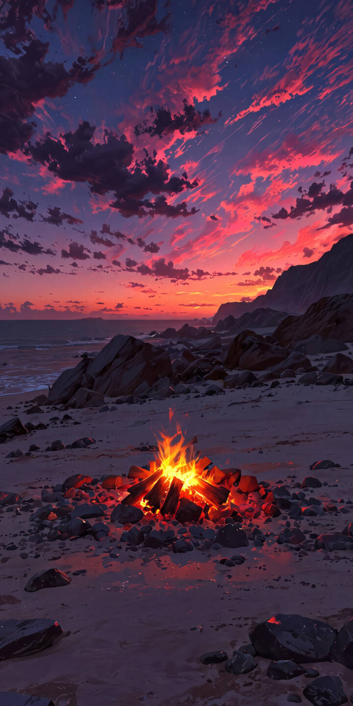 The vivid colors of a sunset paint the dramatic clouds, perfectly complementing the warm glow of a campfire on a serene rocky beach, creating an inviting 4K wallpaper for your iPhone. | aesthetic sunset anime beach campfire iphone cozy wallpaper vibrant mobile 4k wallpaper hd wallpaper The vivid colors of a sunset paint the dramatic clouds, perfectly complementing the warm glow of a campfire on a serene rocky beach, creating an inviting 4K wallpaper for your iPhone.