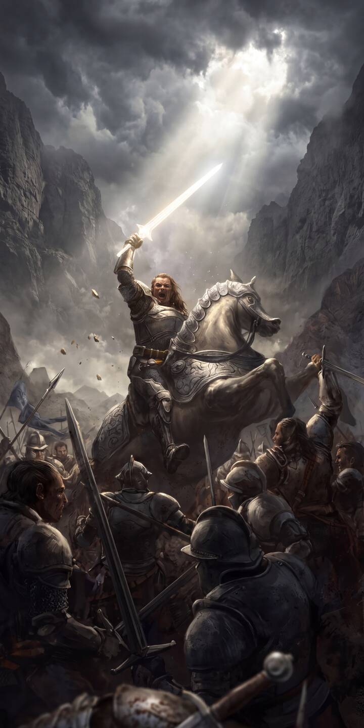 A heroic knight on horseback raises a brilliant, glowing sword under dramatic rays of light piercing through stormy clouds, leading his army into a fierce battlefield in this stunning 4K wallpaper. This epic fantasy wallpaper is perfect for iPhone users seeking an inspiring and intense backdrop. | sword warrior knight medieval iphone fantasy wallpaper mobile 4k wallpaper hd wallpaper epic battle A heroic knight on horseback raises a brilliant, glowing sword under dramatic rays of light piercing through stormy clouds, leading his army into a fierce battlefield in this stunning 4K wallpaper. This epic fantasy wallpaper is perfect for iPhone users seeking an inspiring and intense backdrop.