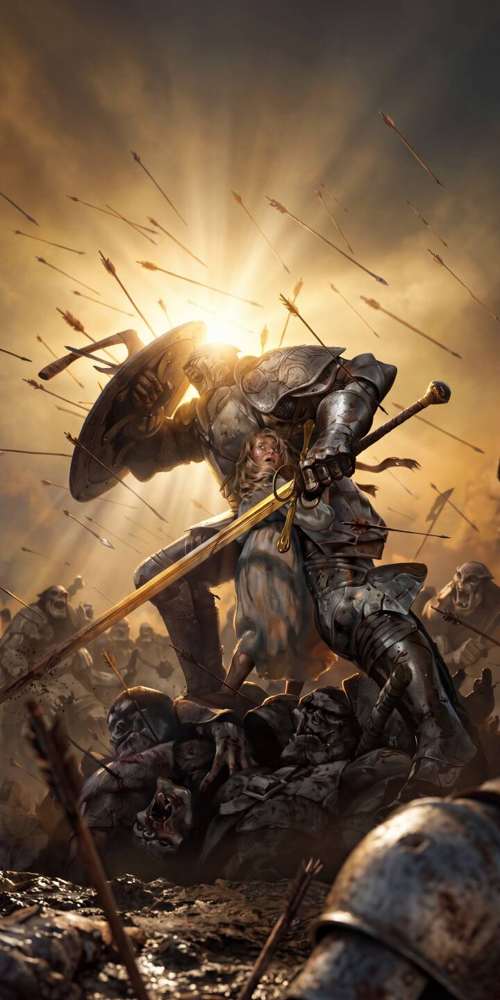Golden light backlights a storm of arrows as a valiant, heavily armored knight, sword drawn, fiercely protects a terrified child amidst fallen foes in this epic 4K wallpaper. This dramatic scene creates a powerful visual, perfect as a mobile wallpaper for your iPhone. | knight iphone fantasy wallpaper mobile 4k wallpaper hd wallpaper epic arrows medieval battle heroism golden sword Golden light backlights a storm of arrows as a valiant, heavily armored knight, sword drawn, fiercely protects a terrified child amidst fallen foes in this epic 4K wallpaper. This dramatic scene creates a powerful visual, perfect as a mobile wallpaper for your iPhone.