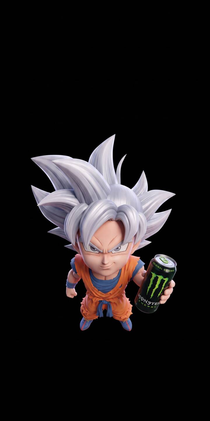 Chibi Goku's spiky white Ultra Instinct hair and fierce expression dominate this striking 4K wallpaper as he clutches a vibrant green Monster Energy can against a stark black background. This dynamic and unique wallpaper is a must-have for iPhone users who love Dragon Ball Z and edgy art styles. | anime iphone goku wallpaper chibi mobile 4k wallpaper hd wallpaper monster energy dragon ball ultra instinct cool aesthetic Chibi Goku's spiky white Ultra Instinct hair and fierce expression dominate this striking 4K wallpaper as he clutches a vibrant green Monster Energy can against a stark black background. This dynamic and unique wallpaper is a must-have for iPhone users who love Dragon Ball Z and edgy art styles.