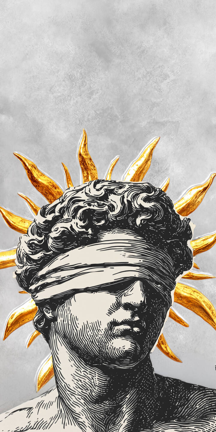 A striking blindfolded statue in a classic woodcut style emanates golden sun rays against a textured grey backdrop in this detailed 4K wallpaper. This captivating wallpaper is perfect for your iPhone. | aesthetic classic statue iphone wallpaper mobile 4k wallpaper hd wallpaper greek mythology blindfolded engraving art gold sun A striking blindfolded statue in a classic woodcut style emanates golden sun rays against a textured grey backdrop in this detailed 4K wallpaper. This captivating wallpaper is perfect for your iPhone.