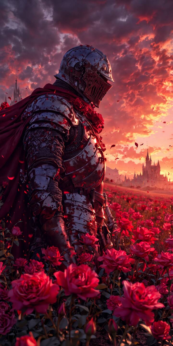 Fiery orange and crimson clouds loom over a somber armored knight standing amidst a vibrant field of red roses in this breathtaking 4K wallpaper. Distant medieval castles punctuate the horizon, making this an epic fantasy wallpaper perfect for iPhone. | sunset castle knight medieval iphone fantasy wallpaper mobile roses 4k wallpaper hd wallpaper epic Fiery orange and crimson clouds loom over a somber armored knight standing amidst a vibrant field of red roses in this breathtaking 4K wallpaper. Distant medieval castles punctuate the horizon, making this an epic fantasy wallpaper perfect for iPhone.