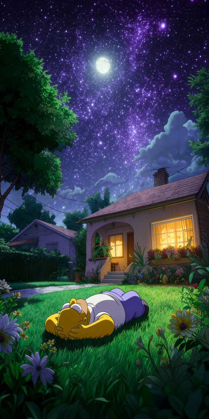 The mesmerizing purple hues of a star-dusted night sky stretch above Homer Simpson, who lies peacefully on lush green grass in this stunning 4K wallpaper. This serene scene, complete with a bright moon and a softly lit house, makes for a perfectly tranquil iPhone wallpaper. | cartoon night sky iphone stars wallpaper mobile homer simpson the simpsons peaceful 4k wallpaper hd wallpaper dreamy The mesmerizing purple hues of a star-dusted night sky stretch above Homer Simpson, who lies peacefully on lush green grass in this stunning 4K wallpaper. This serene scene, complete with a bright moon and a softly lit house, makes for a perfectly tranquil iPhone wallpaper.