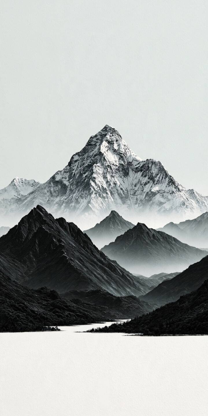 Towering snow-covered peaks rise above layers of dark mountains. Monochrome tones and soft atmospheric mist create a timeless landscape filled with silence. | landscape snow minimalist mountains monochrome Towering snow-covered peaks rise above layers of dark mountains. Monochrome tones and soft atmospheric mist create a timeless landscape filled with silence.