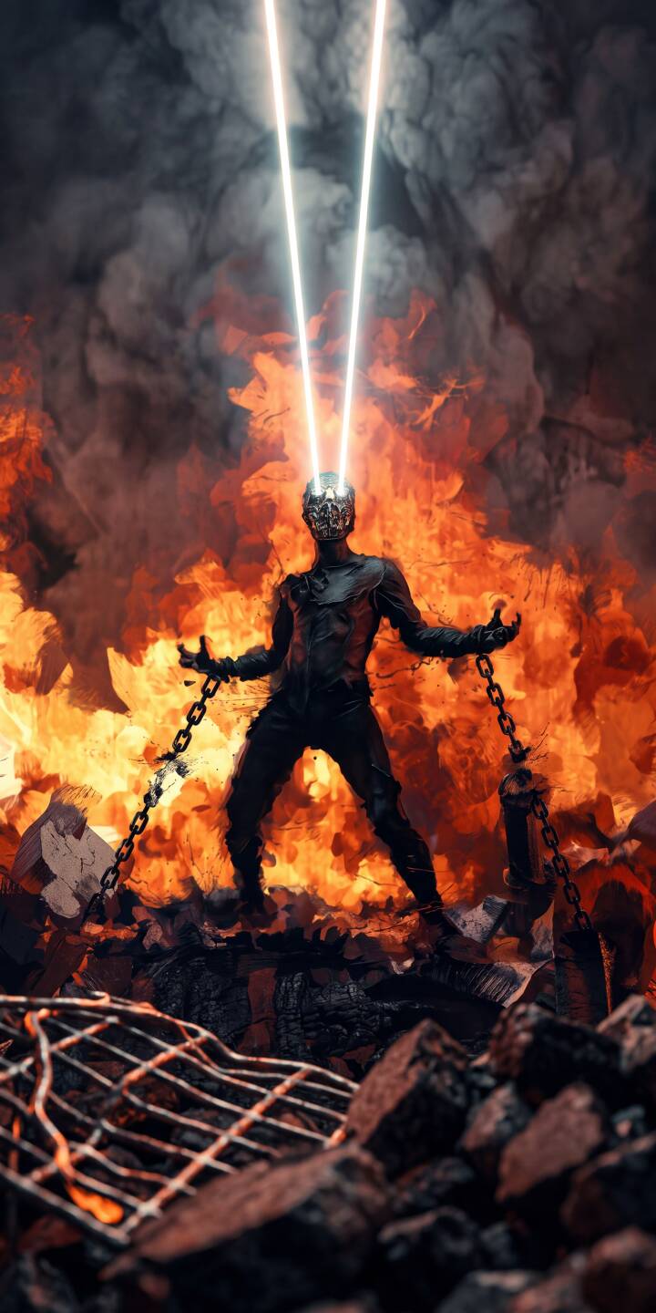 Two intense laser beams erupt from the metallic-faced figure, which stands chained amidst a blaze of inferno and dark smoke in this striking 4K wallpaper. This powerful and dramatic wallpaper is perfect for personalizing your iPhone. | fire destruction iphone wallpaper chained mobile 4k wallpaper hd wallpaper apocalyptic laser eyes dark art eye beams Two intense laser beams erupt from the metallic-faced figure, which stands chained amidst a blaze of inferno and dark smoke in this striking 4K wallpaper. This powerful and dramatic wallpaper is perfect for personalizing your iPhone.