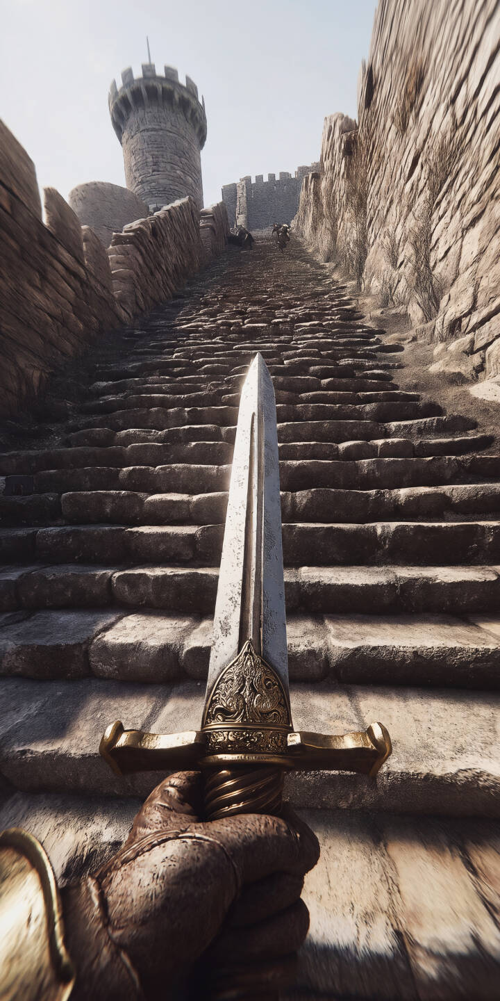 An ornate medieval dagger, held in a gloved hand from a first-person perspective, points towards the daunting stone steps of a distant castle tower in this epic 4K wallpaper. This immersive historical ascent wallpaper is perfect for your iPhone screen. | sword castle medieval iphone fantasy realistic wallpaper mobile 4k wallpaper hd wallpaper epic dagger An ornate medieval dagger, held in a gloved hand from a first-person perspective, points towards the daunting stone steps of a distant castle tower in this epic 4K wallpaper. This immersive historical ascent wallpaper is perfect for your iPhone screen.