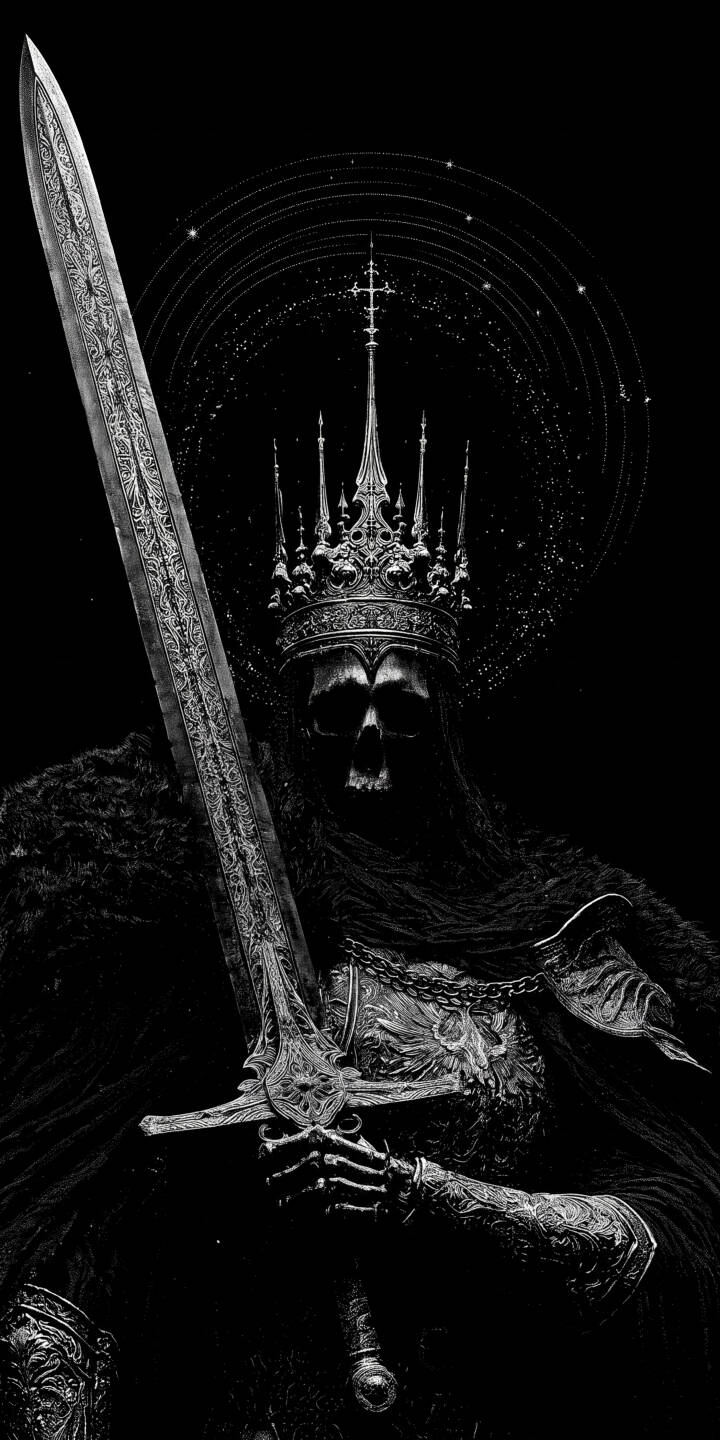Clad in a spiky crown and flowing dark robes, this skeletal king wields a massive, intricately detailed broadsword in a stunning 4K wallpaper — an epic fantasy wallpaper perfect for your iPhone. | warrior gothic king skull iphone wallpaper mobile 4k wallpaper hd wallpaper dark fantasy skeletal king broadsword Clad in a spiky crown and flowing dark robes, this skeletal king wields a massive, intricately detailed broadsword in a stunning 4K wallpaper — an epic fantasy wallpaper perfect for your iPhone.