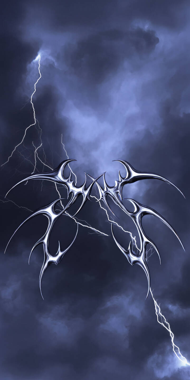 Two dramatic lightning bolts illuminate the dark, cloudy sky behind a sleek, abstract metallic symbol, forming an electrifying 4K wallpaper. This intense visual makes for a compelling iPhone wallpaper. | lightning storm iphone abstract cyberpunk wallpaper mobile metallic 4k wallpaper hd wallpaper dark aesthetic tribal Two dramatic lightning bolts illuminate the dark, cloudy sky behind a sleek, abstract metallic symbol, forming an electrifying 4K wallpaper. This intense visual makes for a compelling iPhone wallpaper.