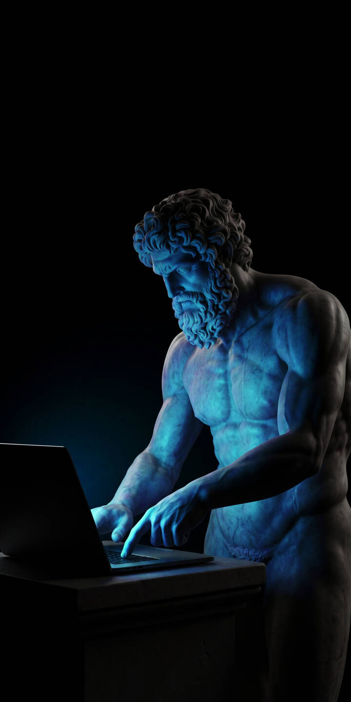 The ancient bearded statue glows with an intense blue light as it diligently types on a laptop in this unique 4K wallpaper. This anachronistic and aesthetic wallpaper is perfect for iPhone users who appreciate modern classical art. | aesthetic dark laptop statue iphone wallpaper blue light mobile 4k wallpaper hd wallpaper greek god ancient statue The ancient bearded statue glows with an intense blue light as it diligently types on a laptop in this unique 4K wallpaper. This anachronistic and aesthetic wallpaper is perfect for iPhone users who appreciate modern classical art.