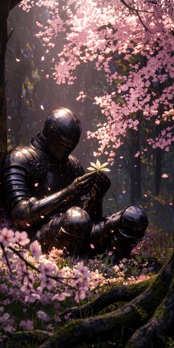 Black, glossy armor gleams as a stoic knight sits peacefully, delicately holding a green plant under a canopy of falling cherry blossom petals in this striking 4K wallpaper. It's a serene, fantasy wallpaper perfect for any iPhone. | forest cherry blossom armor knight iphone fantasy wallpaper sakura mobile 4k wallpaper hd wallpaper serene Black, glossy armor gleams as a stoic knight sits peacefully, delicately holding a green plant under a canopy of falling cherry blossom petals in this striking 4K wallpaper. It's a serene, fantasy wallpaper perfect for any iPhone.