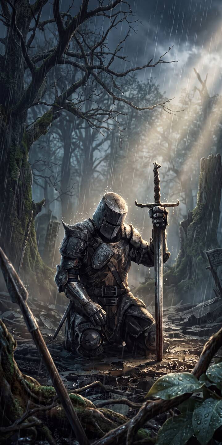 Glimmering rain cascades around a solitary knight, who kneels solemnly with his greatsword upright in a mystical, rain-soaked forest in this profound 4K wallpaper, making it a powerful choice for your iPhone wallpaper. | rain knight medieval iphone wallpaper mobile 4k wallpaper hd wallpaper epic dark fantasy greatsword Glimmering rain cascades around a solitary knight, who kneels solemnly with his greatsword upright in a mystical, rain-soaked forest in this profound 4K wallpaper, making it a powerful choice for your iPhone wallpaper.