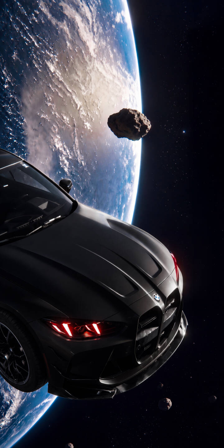 Striking red headlights gleam on a sleek black BMW M car as it majestically hovers above Earth, surrounded by distant asteroids in this epic 4K wallpaper — a truly unique wallpaper for your iPhone. | aesthetic dark earth iphone bmw wallpaper futuristic mobile 4k wallpaper hd wallpaper space car bmw m Striking red headlights gleam on a sleek black BMW M car as it majestically hovers above Earth, surrounded by distant asteroids in this epic 4K wallpaper — a truly unique wallpaper for your iPhone.