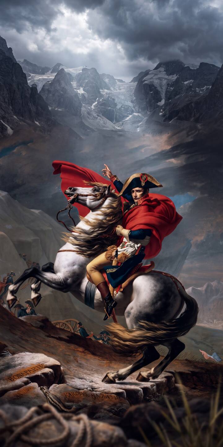 A majestic white steed rears under the powerful command of Napoleon Bonaparte, his iconic red cloak dramatically billowing against the stormy mountainous backdrop in this striking 4K wallpaper. This epic historical scene is an essential wallpaper for your iPhone. | horse painting iphone mountains wallpaper mobile 4k wallpaper hd wallpaper epic historical napoleon napoleon bonaparte A majestic white steed rears under the powerful command of Napoleon Bonaparte, his iconic red cloak dramatically billowing against the stormy mountainous backdrop in this striking 4K wallpaper. This epic historical scene is an essential wallpaper for your iPhone.