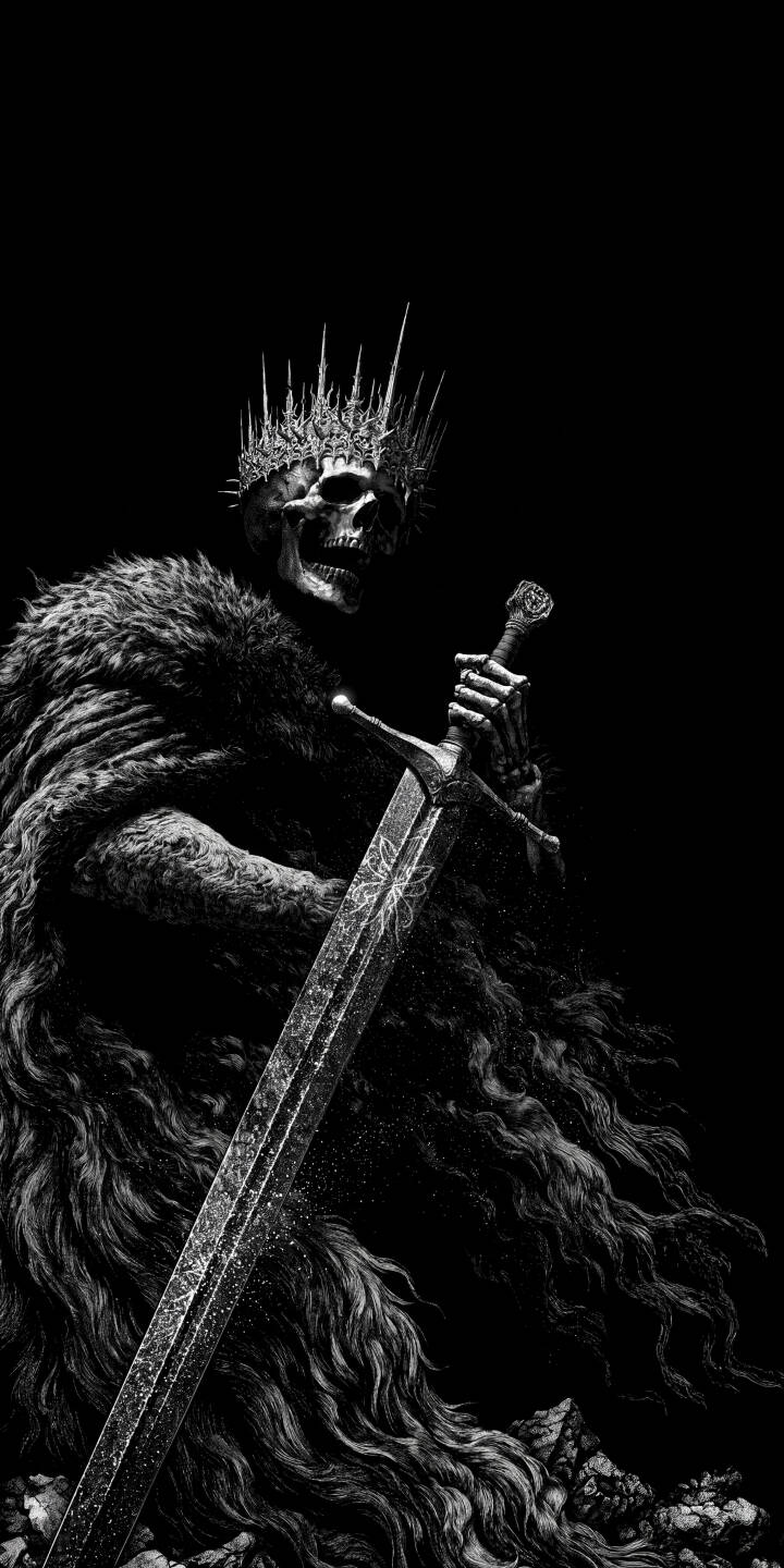 Adorned with a menacing spiked crown, a skeletal king in a tattered fur cloak clutches an ornate greatsword in this chilling 4K wallpaper. This dark monochrome masterpiece is an essential wallpaper for any iPhone, adding a touch of macabre fantasy to your screen. | sword dark crown gothic iphone wallpaper mobile 4k wallpaper hd wallpaper undead skeleton king lich king Adorned with a menacing spiked crown, a skeletal king in a tattered fur cloak clutches an ornate greatsword in this chilling 4K wallpaper. This dark monochrome masterpiece is an essential wallpaper for any iPhone, adding a touch of macabre fantasy to your screen.